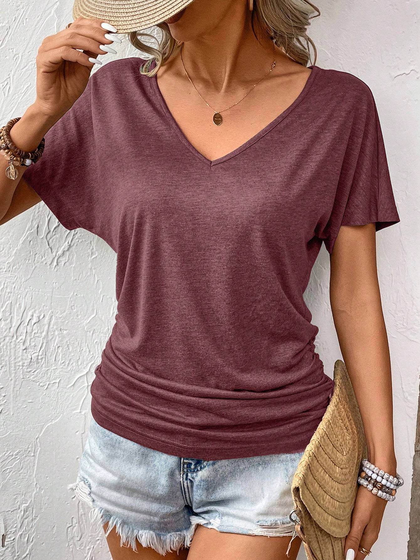 Women's V-Neck Ruched T-Shirt - Solid Color Short Sleeve Casual Knit Top