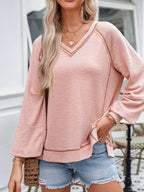 Sarah Express Women's Exposed Seam Ribbed Knit V Neck Top