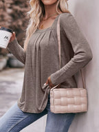 Sarah Express Women's Pleated Square Neck Long Sleeve T-Shirt