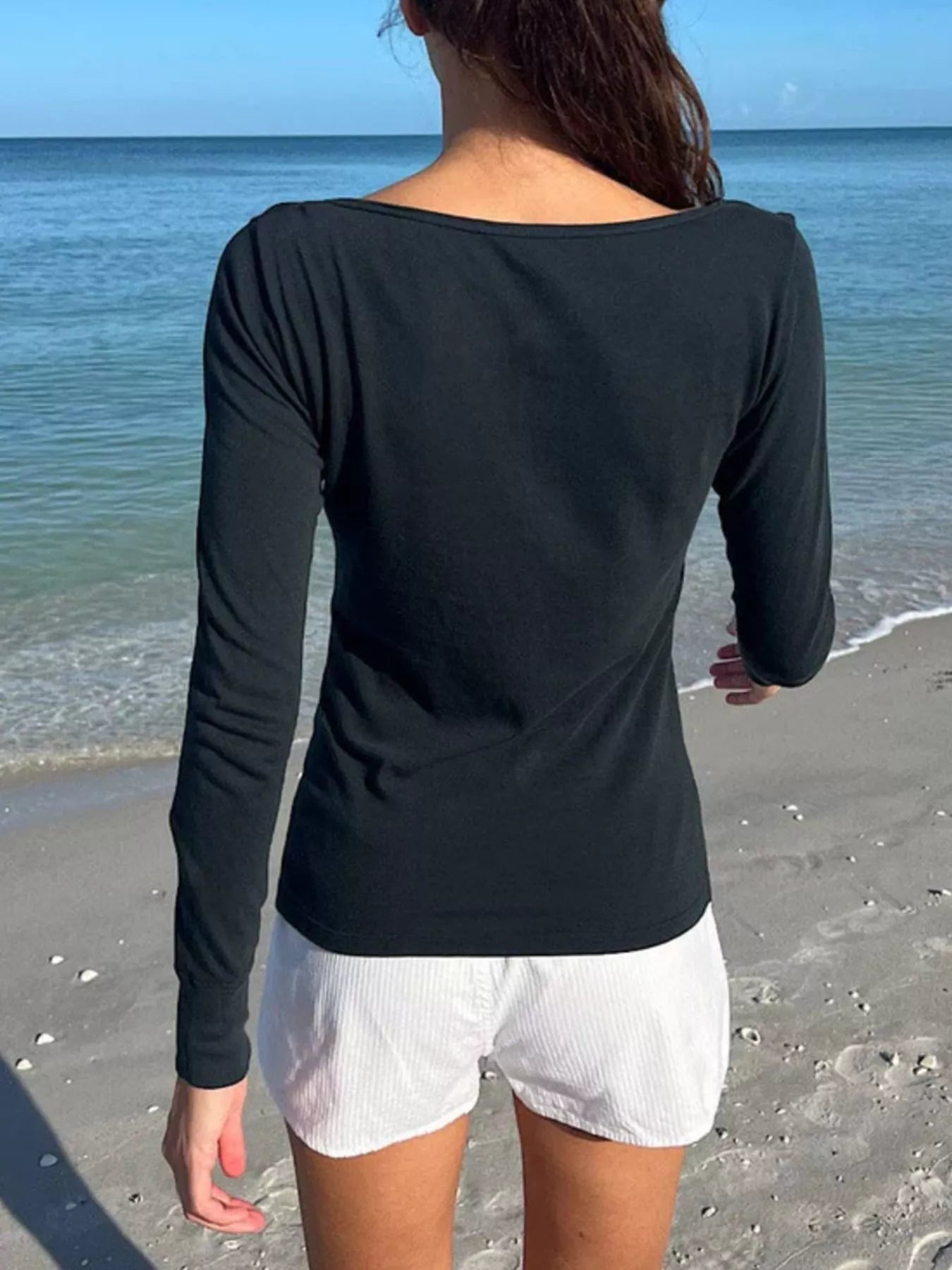 Sarah Express Women's Striped Long Sleeve Henley T-Shirt