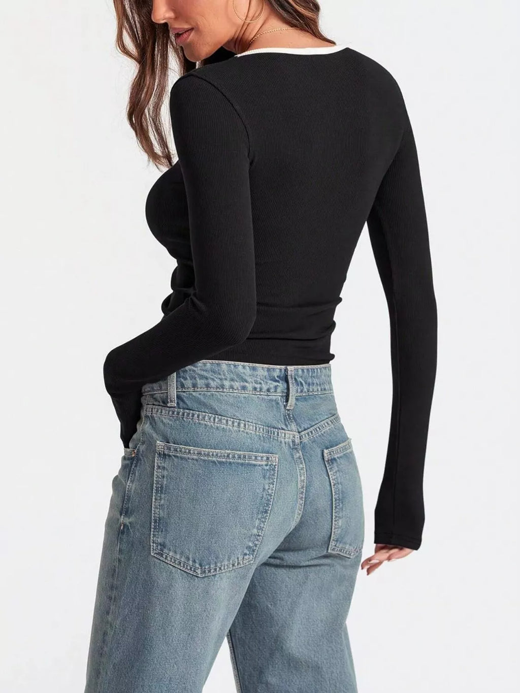 Sarah Express Women's Contrast Trim Long Sleeve Top