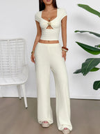 Sarah Express Women's Cutout Short Sleeve Top and Pants Set Apricot