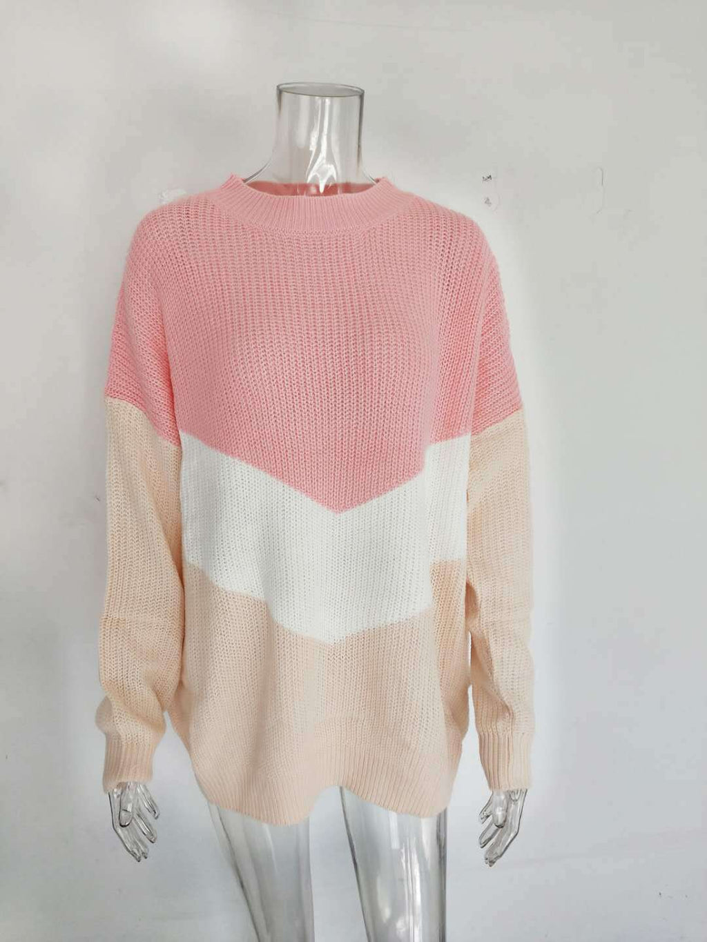 Tricolor Patchwork Knit Sweater Color Block Acrylic