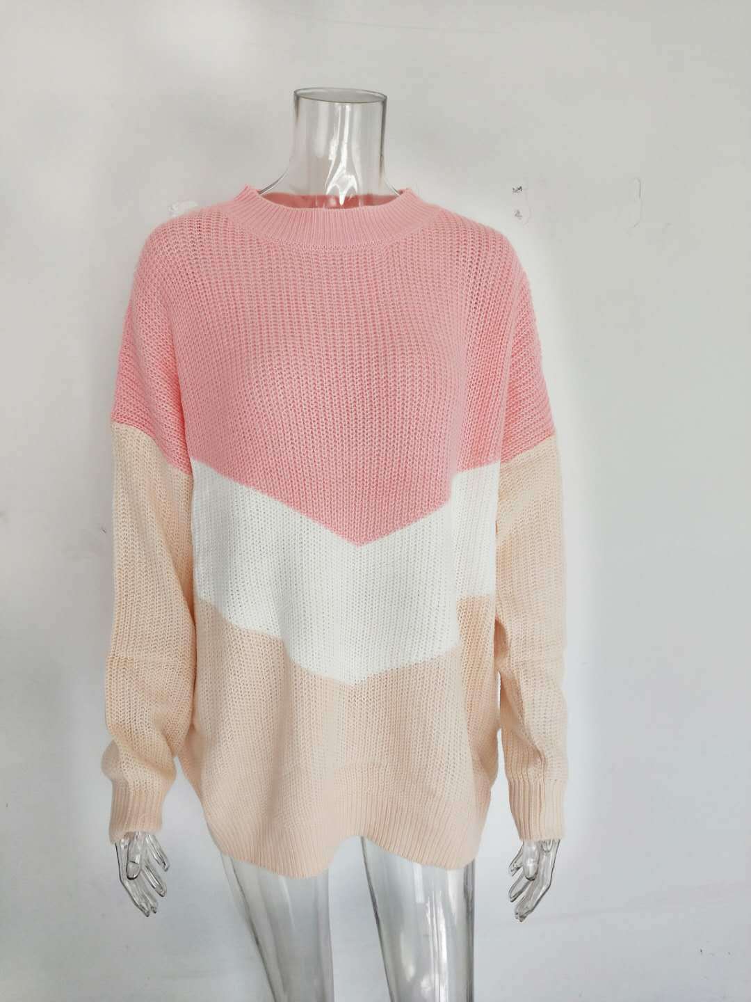 Tricolor Patchwork Knit Sweater Color Block Acrylic