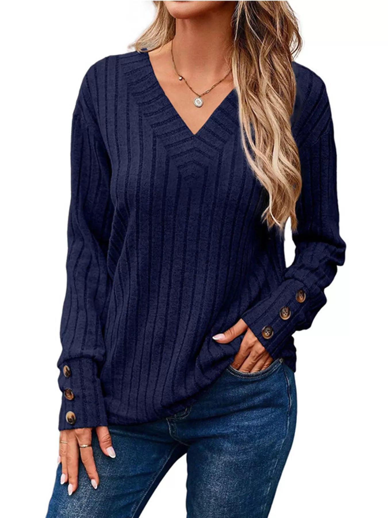 Sarah Express Women's Ribbed V-Neck Long Sleeve Top Navy