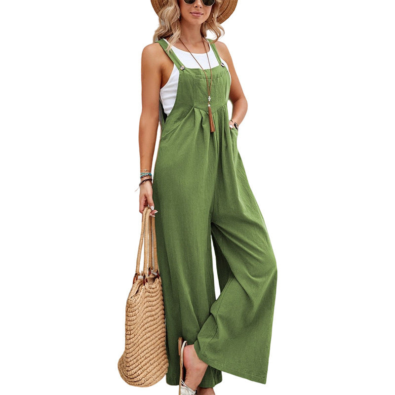 Women's Solid Color Cotton Suspender Trousers Casual Overall Straight Leg Mid Waist with Pockets