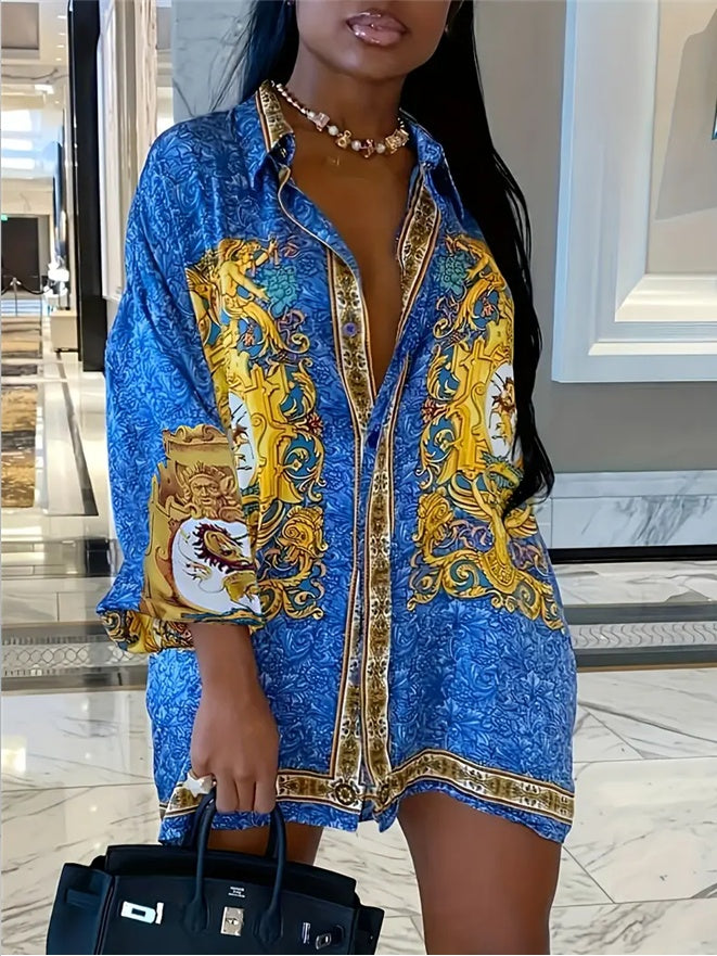 Women's Boho Geometric Print Button Front Shirt Dress with Asymmetrical Hem