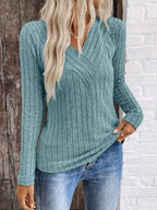 Sarah Express Women's Ribbed V-Neck Long Sleeve Knit T-Shirt