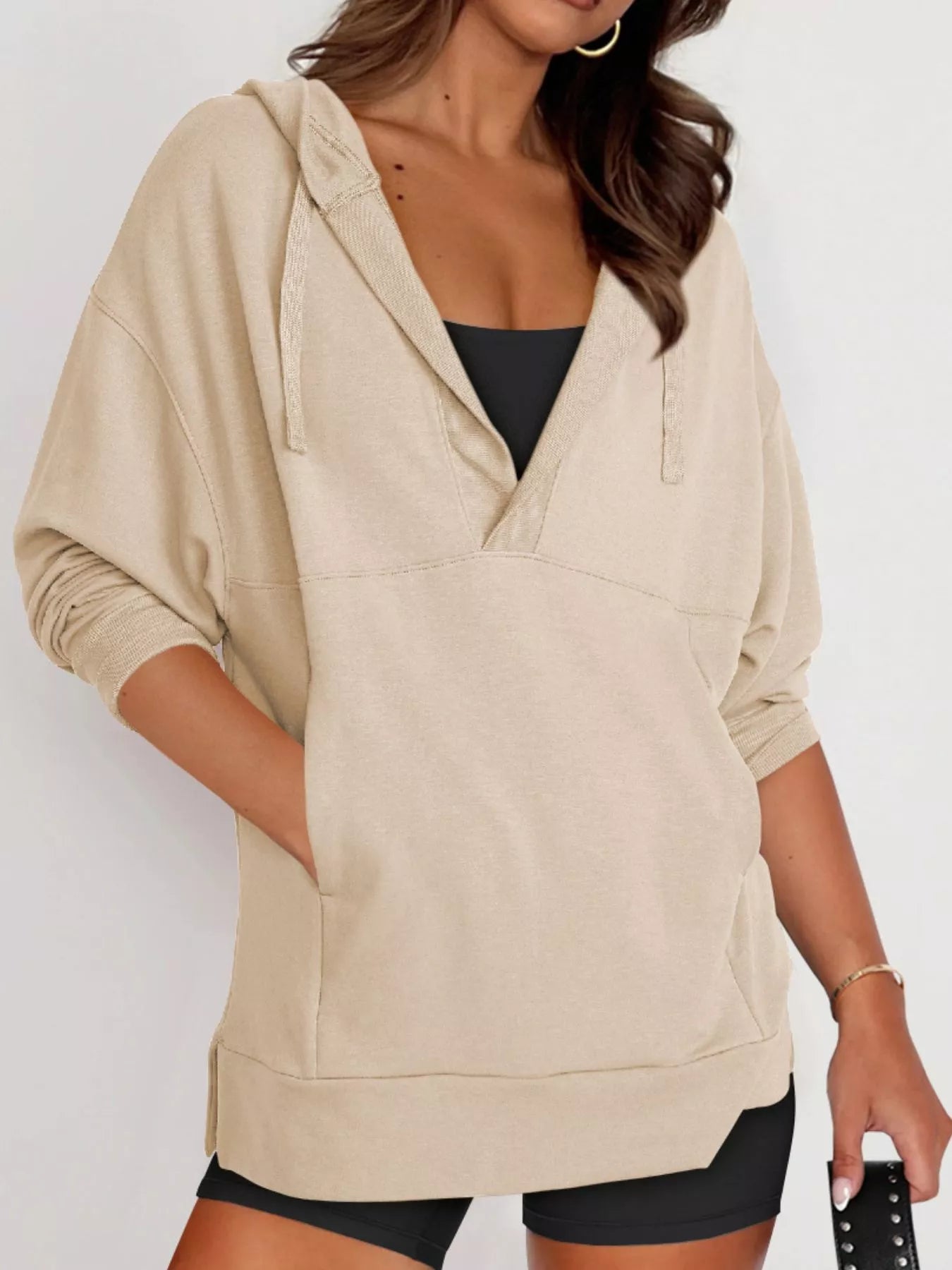 Sarah Express Women's Drawstring Kangaroo Pocket Long Sleeve Hoodie Dust Storm