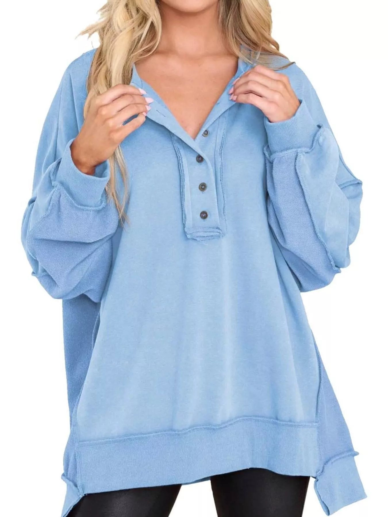 Sarah Express Women's Half Snap Long Sleeve Sweatshirt Sky Blue