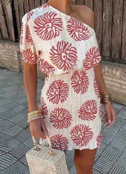 One Shoulder Printed Dress Red Asymmetric A-Line Party Dress