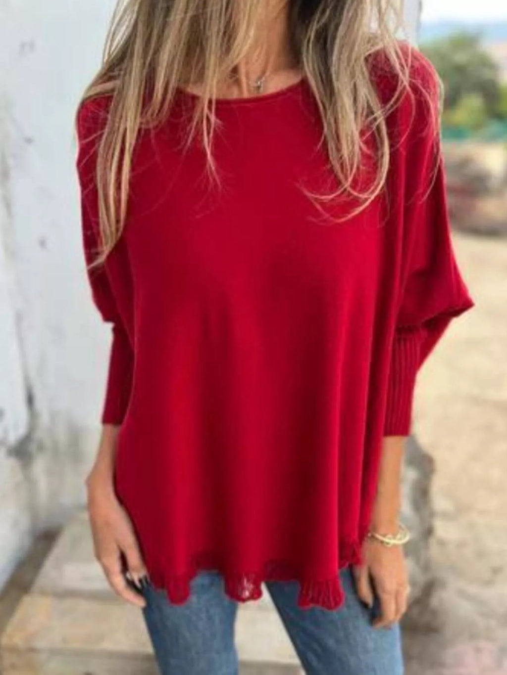 Sarah Express Women's Round Neck Long Sleeve Knit Top with Lace Trim Plus Size