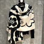 Women's Camellia Jacquard Scarf Imitation Cashmere Black Beige Elegant Winter Wrap