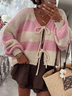 Sarah Express Women's Striped Tie-Front Knit Cardigan Blush Pink