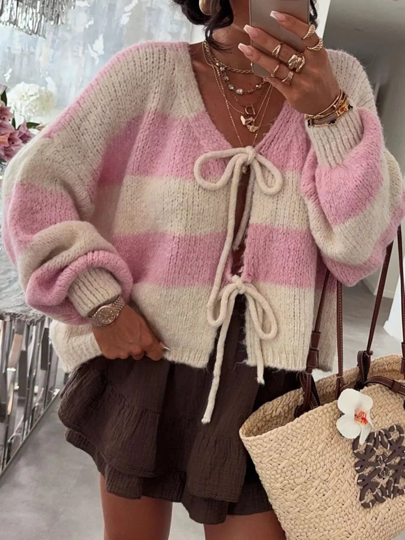 Sarah Express Women's Striped Tie-Front Knit Cardigan Blush Pink