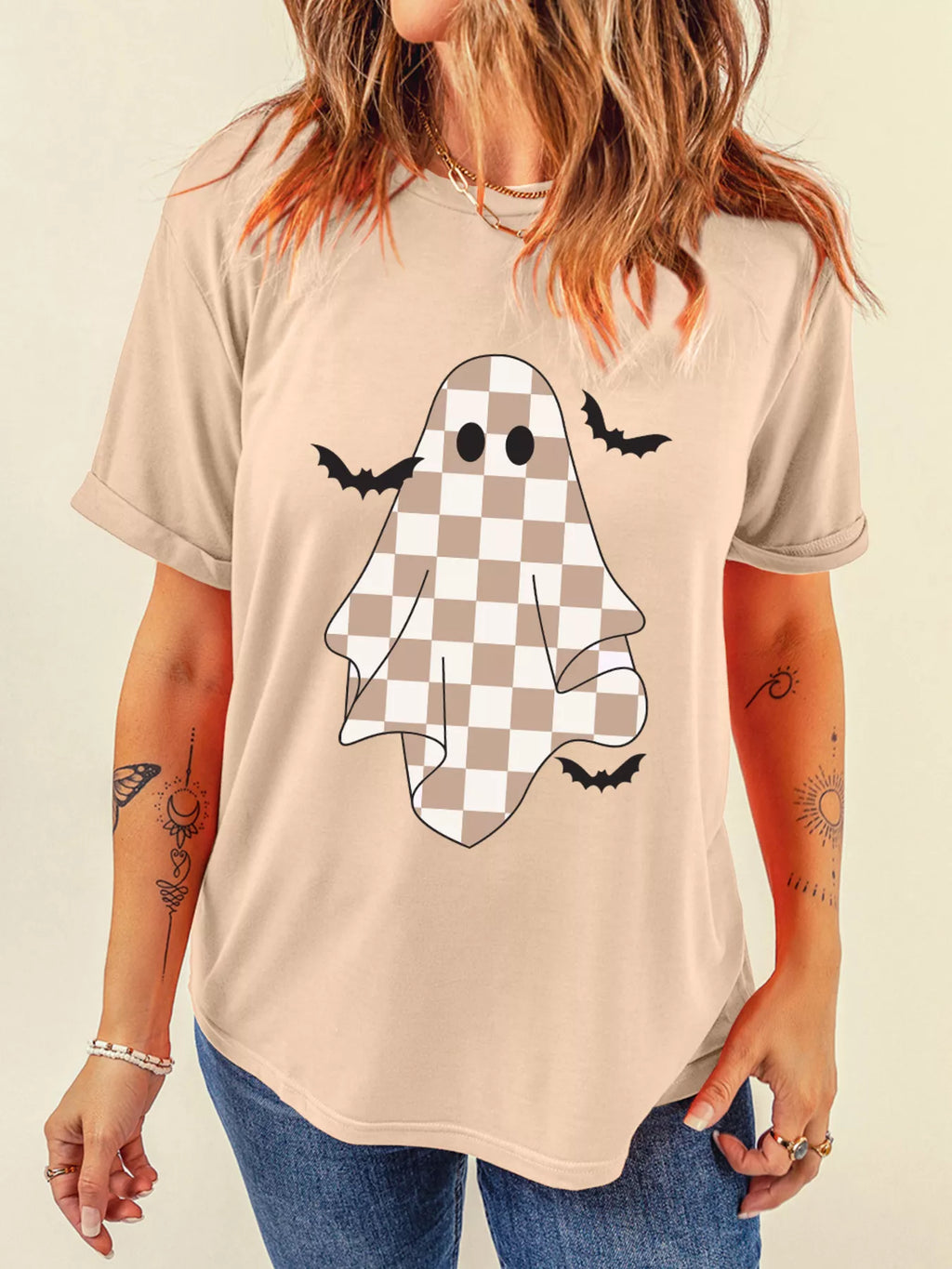 Sarah Express Women's Ghost Bat Halloween Holiday Graphic Tee Tan