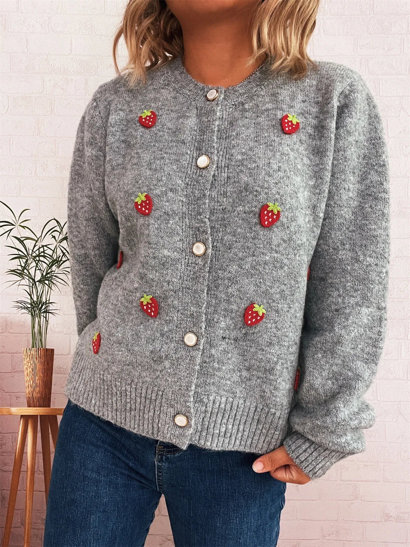 Sarah Express Women's Strawberry Button Up Long Sleeve Cardigan