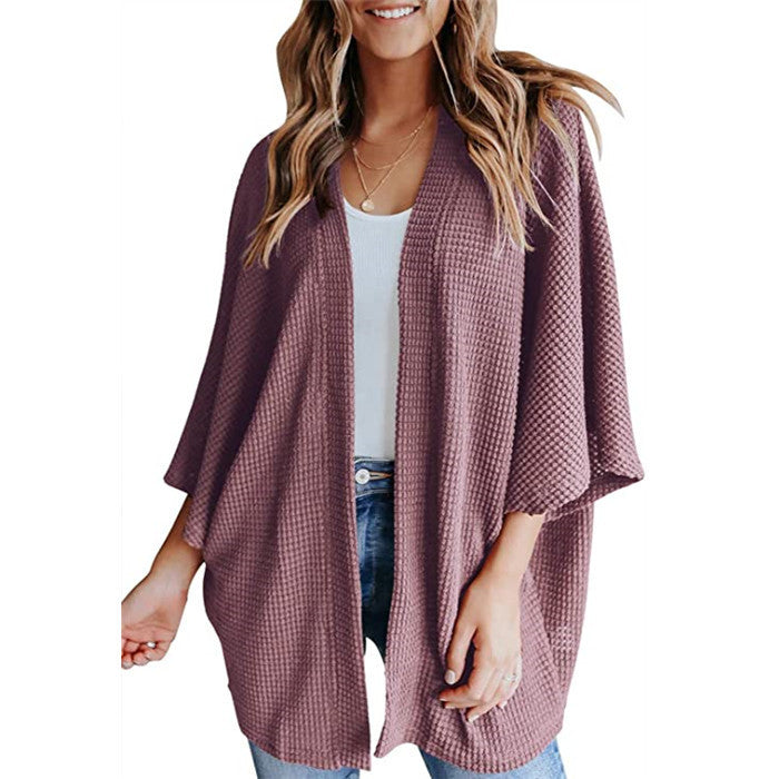 Women's Waffle Knit Bat Sleeve V-Neck Cardigan