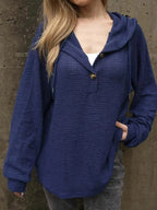 Sarah Express Women's Waffle Knit Hoodie with Button Detail Dark Blue
