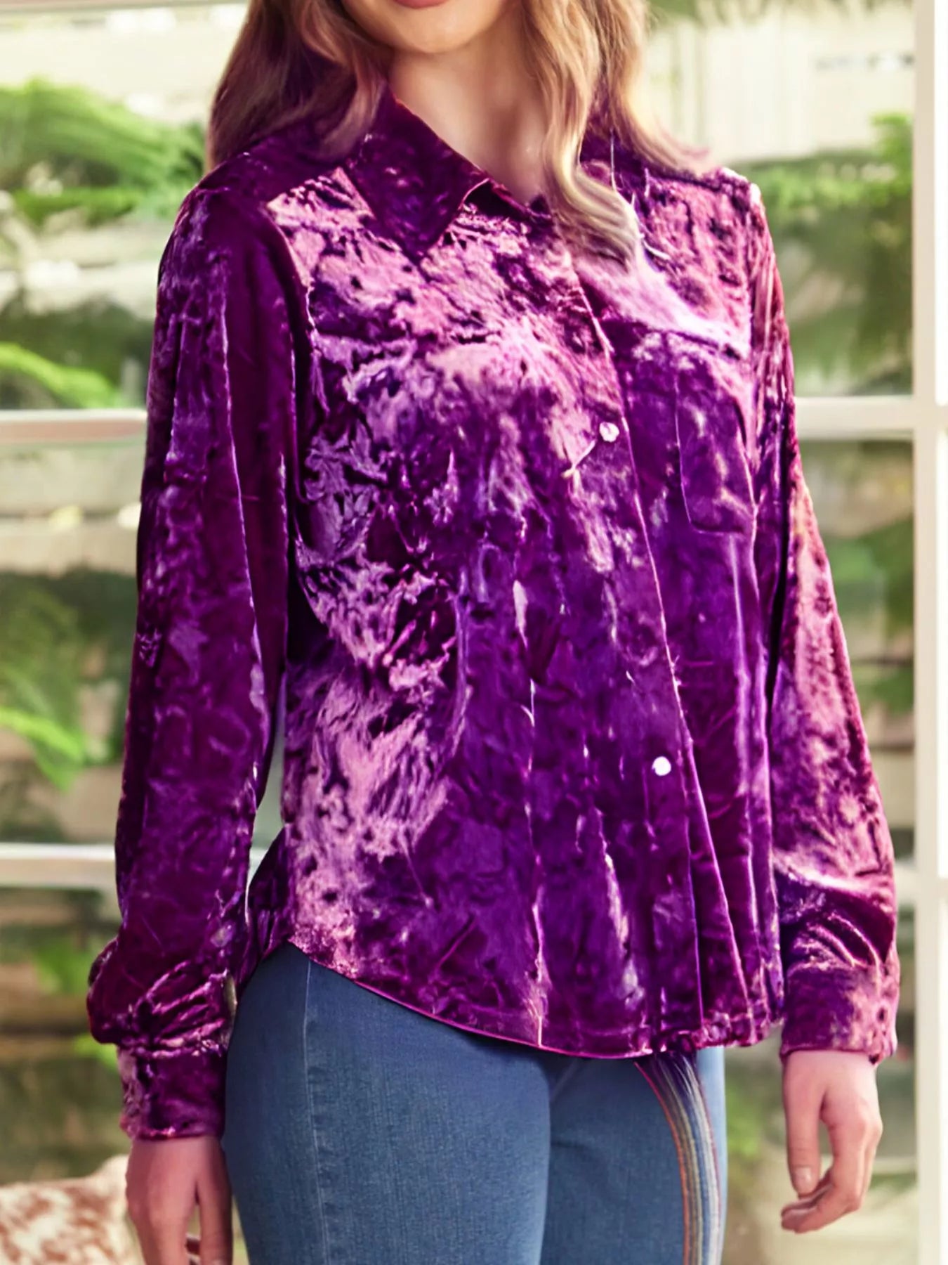 Sarah Express Women's Velvet Button-Down Long Sleeve Shirt Purple