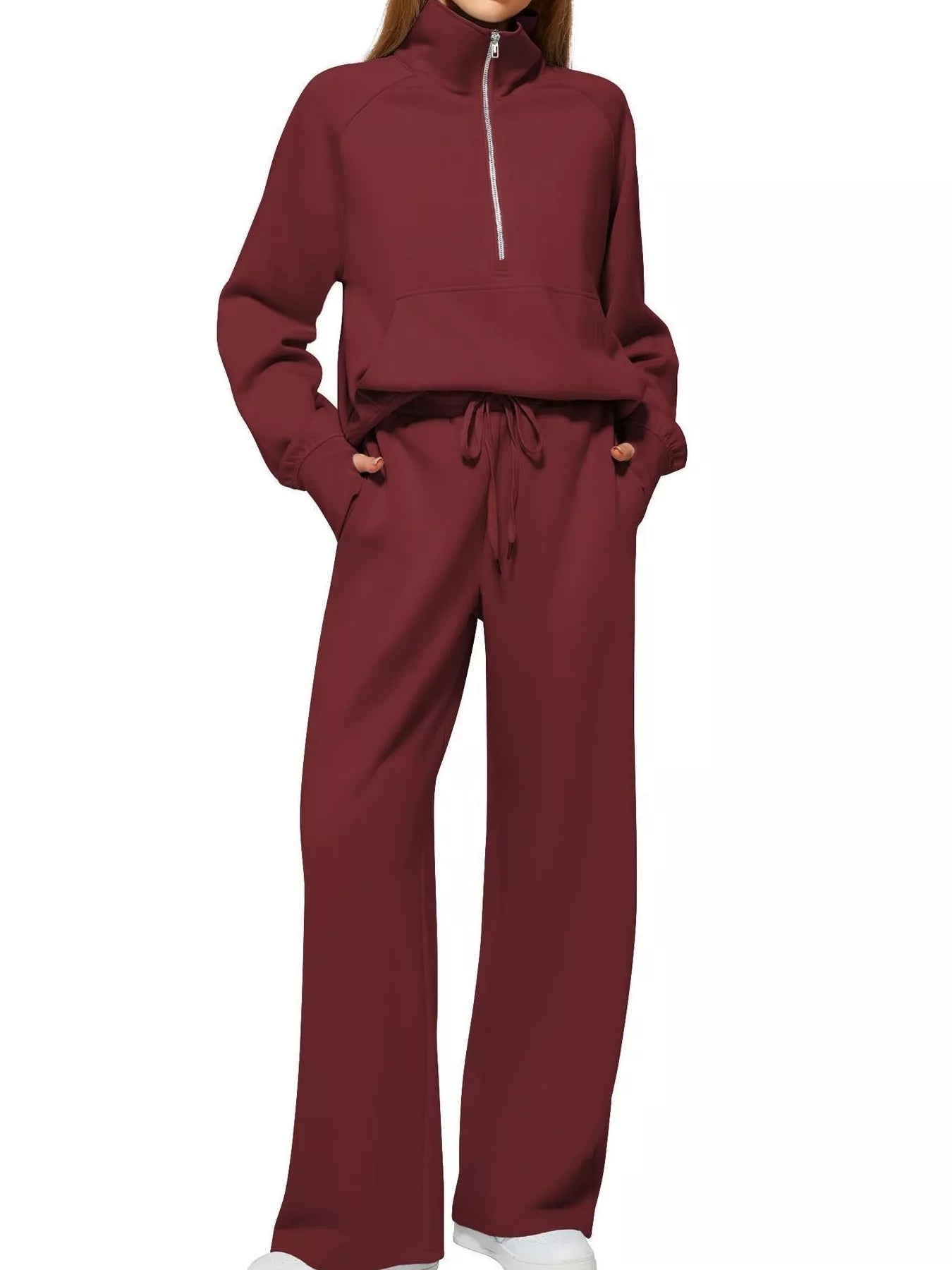 Sarah Express Women's Half-Zip Sweatshirt and Wide-Leg Pants Set Plus Size Burgundy