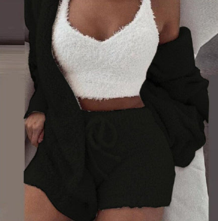 Women's 3-Piece Velvet Pajama Set Long Sleeve Jacket Crop Tank Shorts