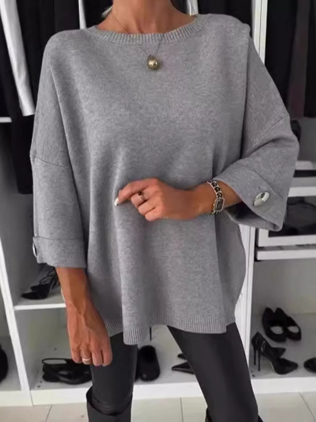 Sarah Express Women's Full Size Round Neck Drop Shoulder Top with Ribbed Trim Plus Size Gray