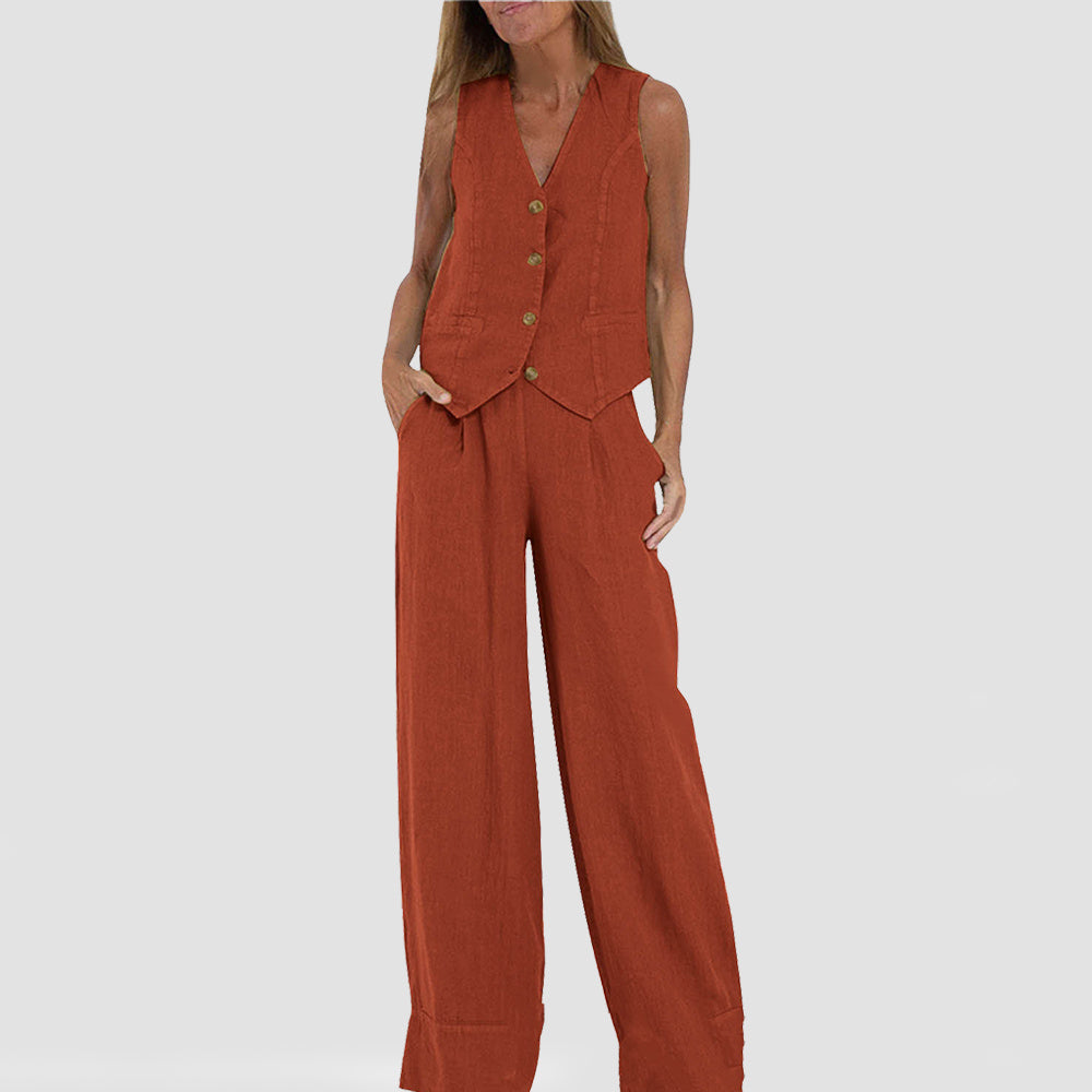 Women's V-Neck Button Vest and Straight Pants Two Piece Set