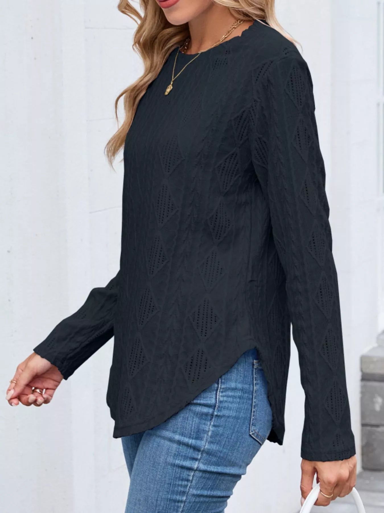 Sarah Express Women's Openwork Textured Long Sleeve Top