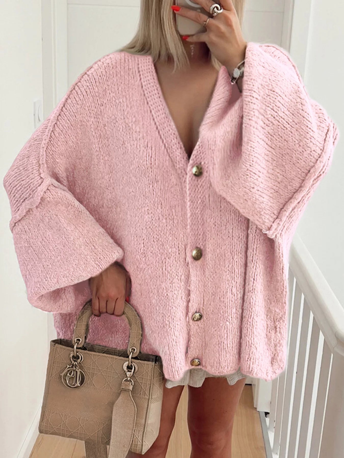 Sarah Express Women's Oversized Knit Button Up Cardigan Pink