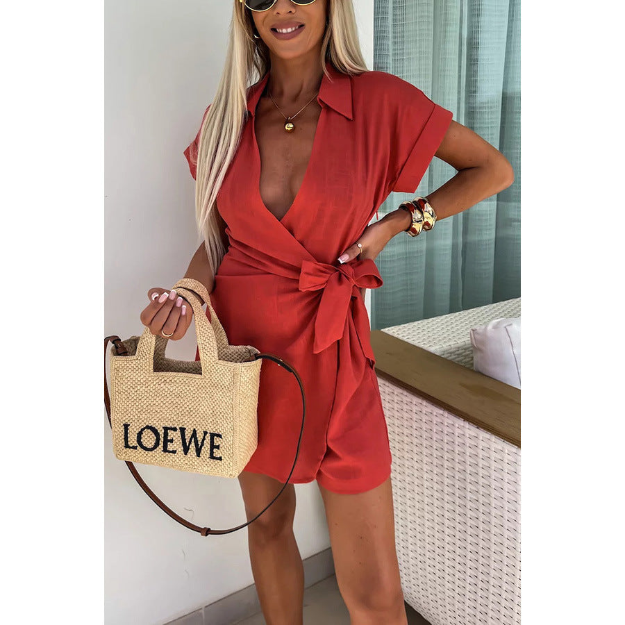 Lace-Up Collar Jumpsuit Romper Shorts Casual Vacation One Piece