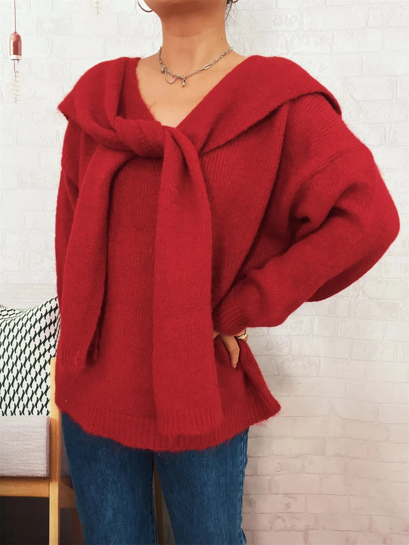 Sarah Express Women's Ribbed Hem V-Neck Sweater with Shawl Red One Size
