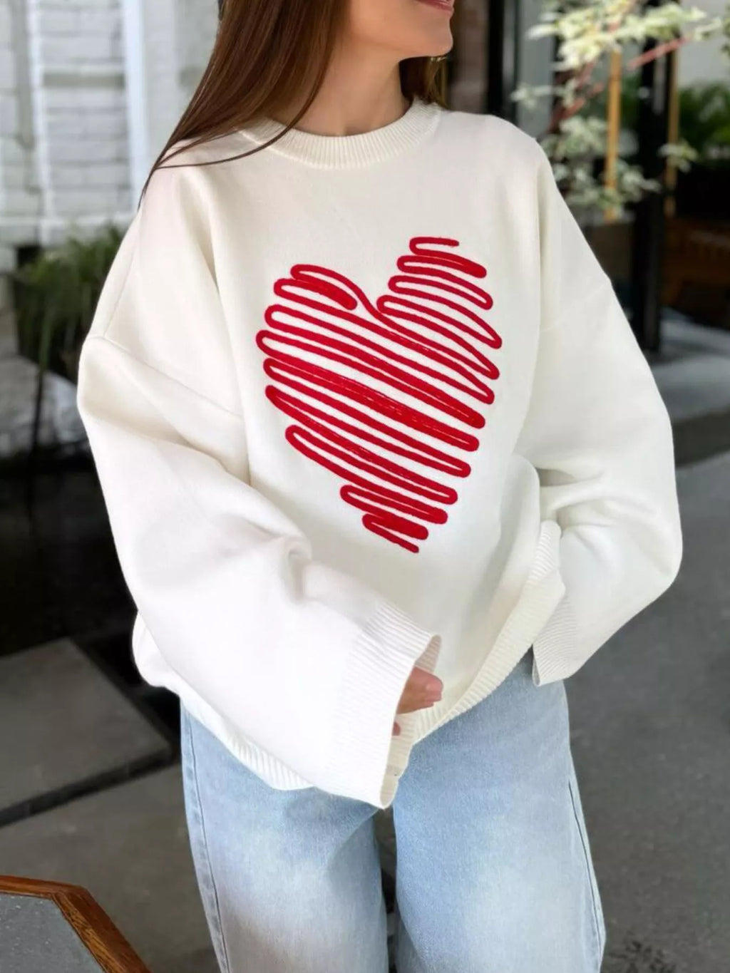 Sarah Express Women's Heart Round Neck Oversized Sweater