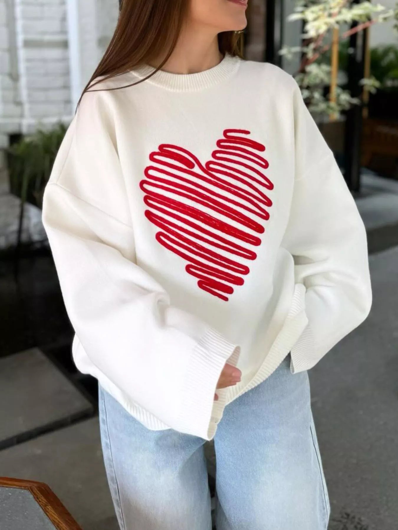 Sarah Express Women's Heart Round Neck Oversized Sweater