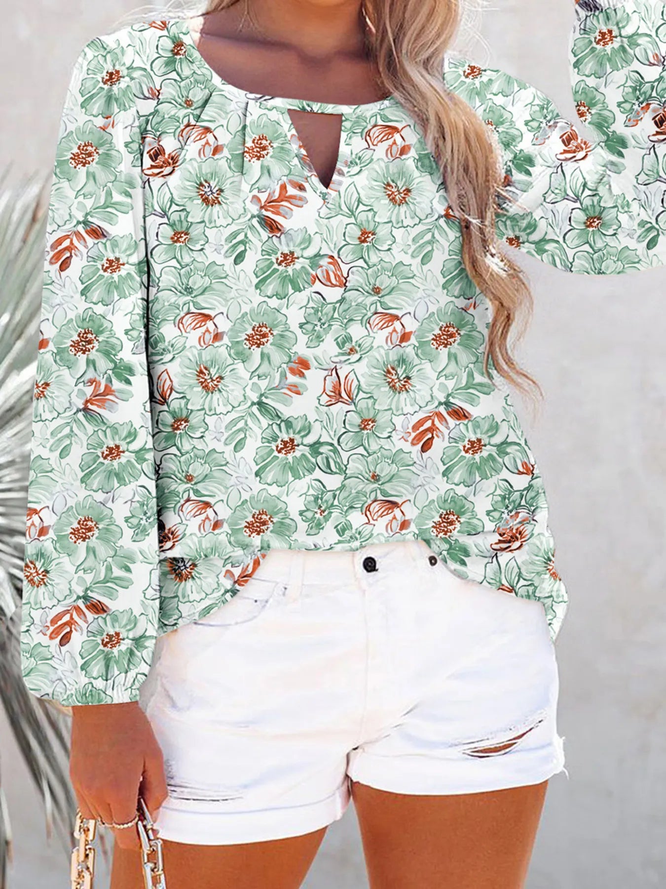 Sarah Express Women's Floral Print Keyhole Neck Blouse Sage