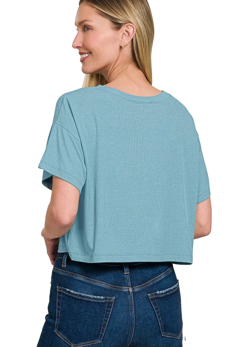 Sarah Express Women's Ribbed Crop T-Shirt | Round Neck Oversized | Rayon Spandex | S-L