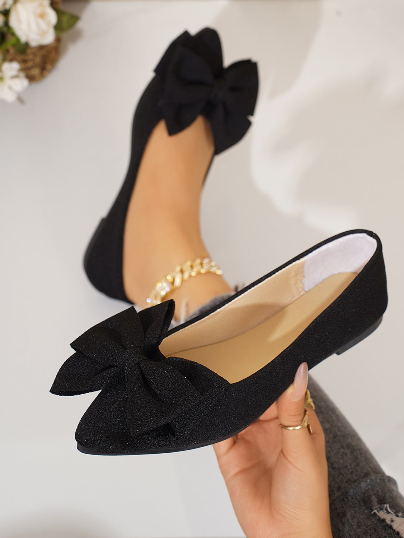 Sarah Express Women's Plus-Size Bow-Tie Slip-On Loafer Shoes | Pointed Toe, Low Heel, Cotton Upper Black