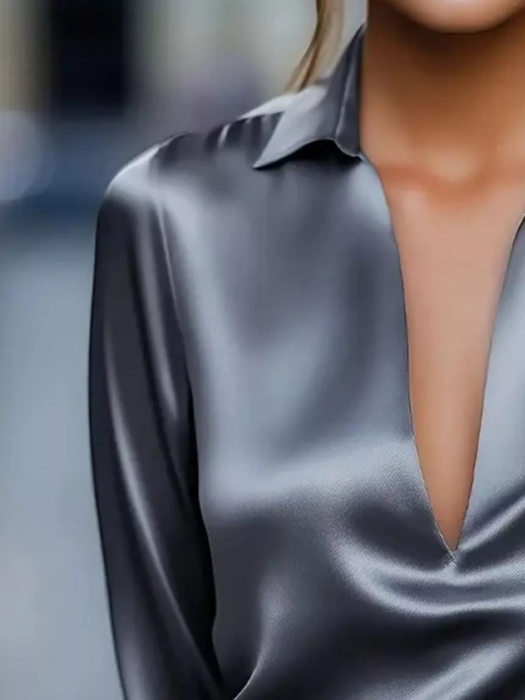 Sarah Express Women's Satin Johnny Collar Long Sleeve Blouse