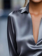 Sarah Express Women's Satin Johnny Collar Long Sleeve Blouse