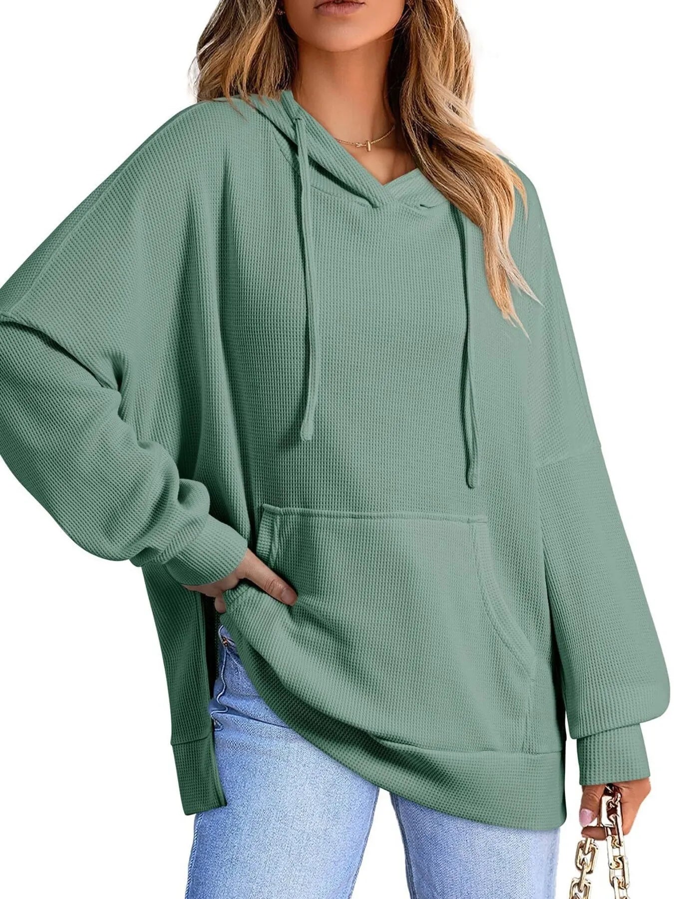 Sarah Express Women's Slit Drawstring Waffle Knit Hoodie Bean Green