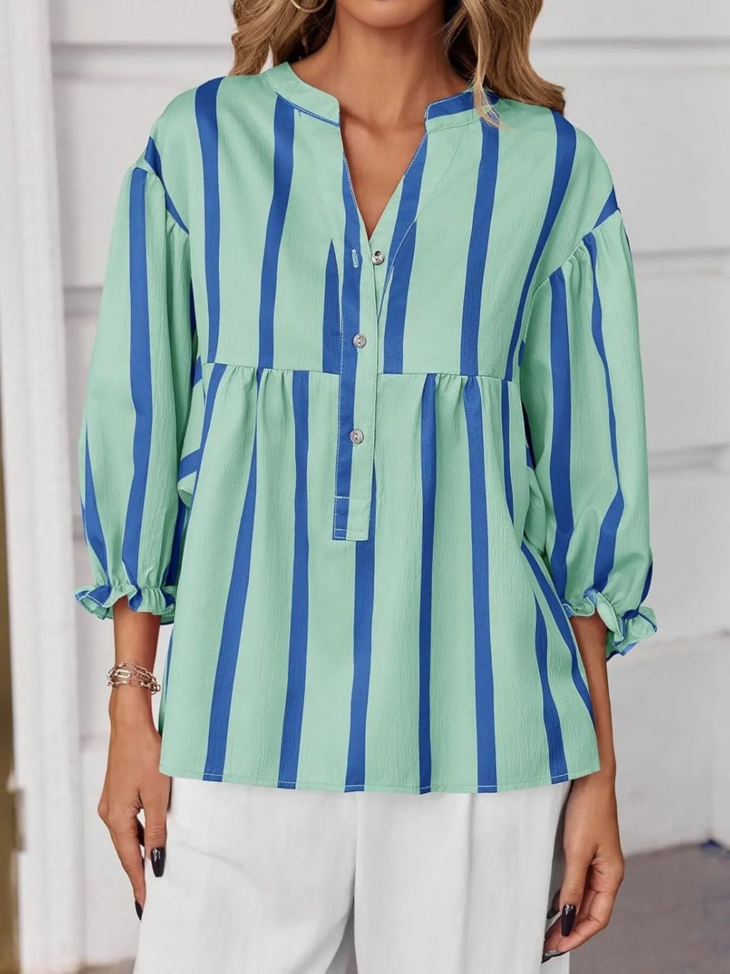 Sarah Express Women's Striped Button Front Notched Blouse
