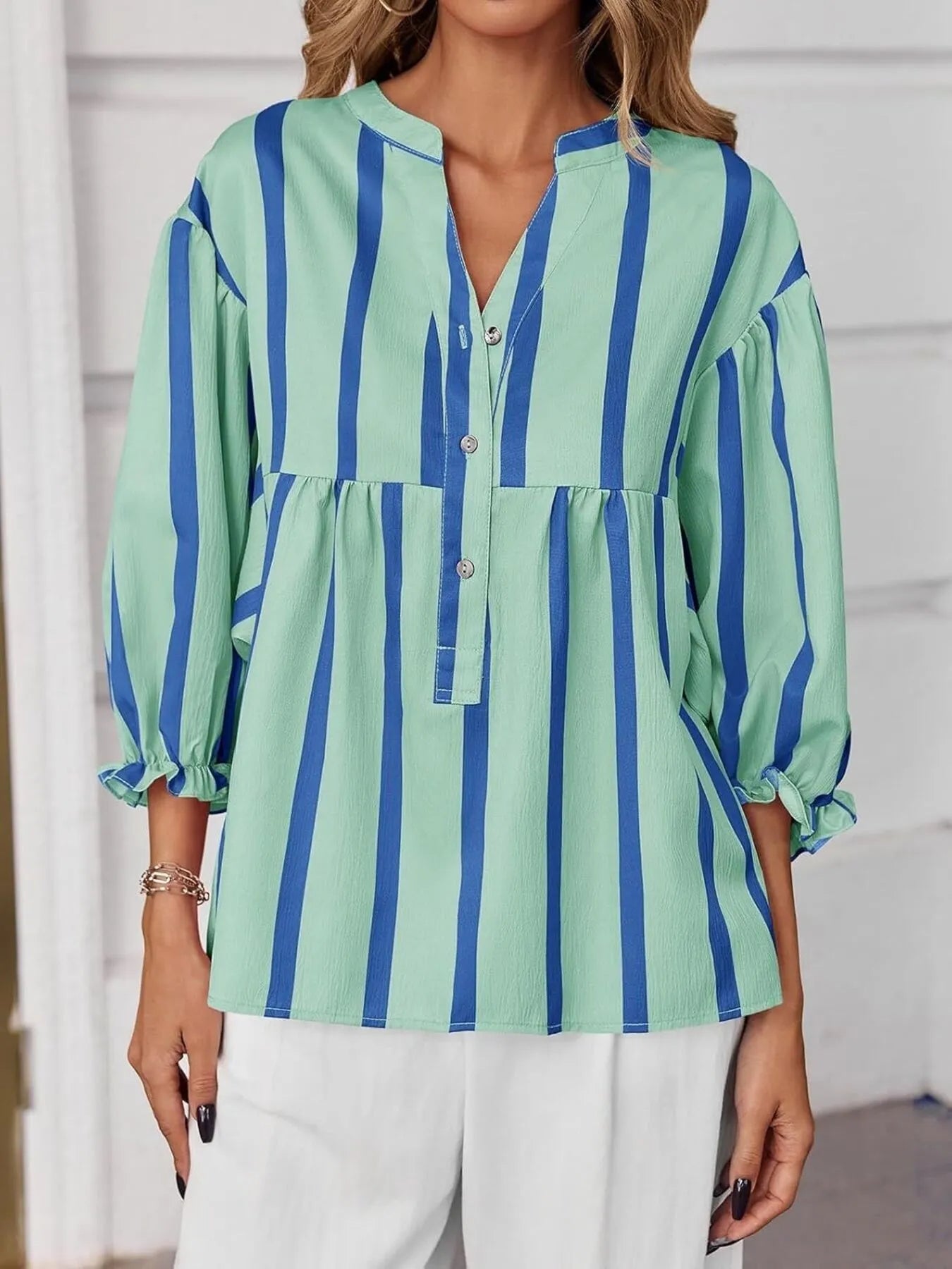 Sarah Express Women's Striped Button Front Notched Blouse