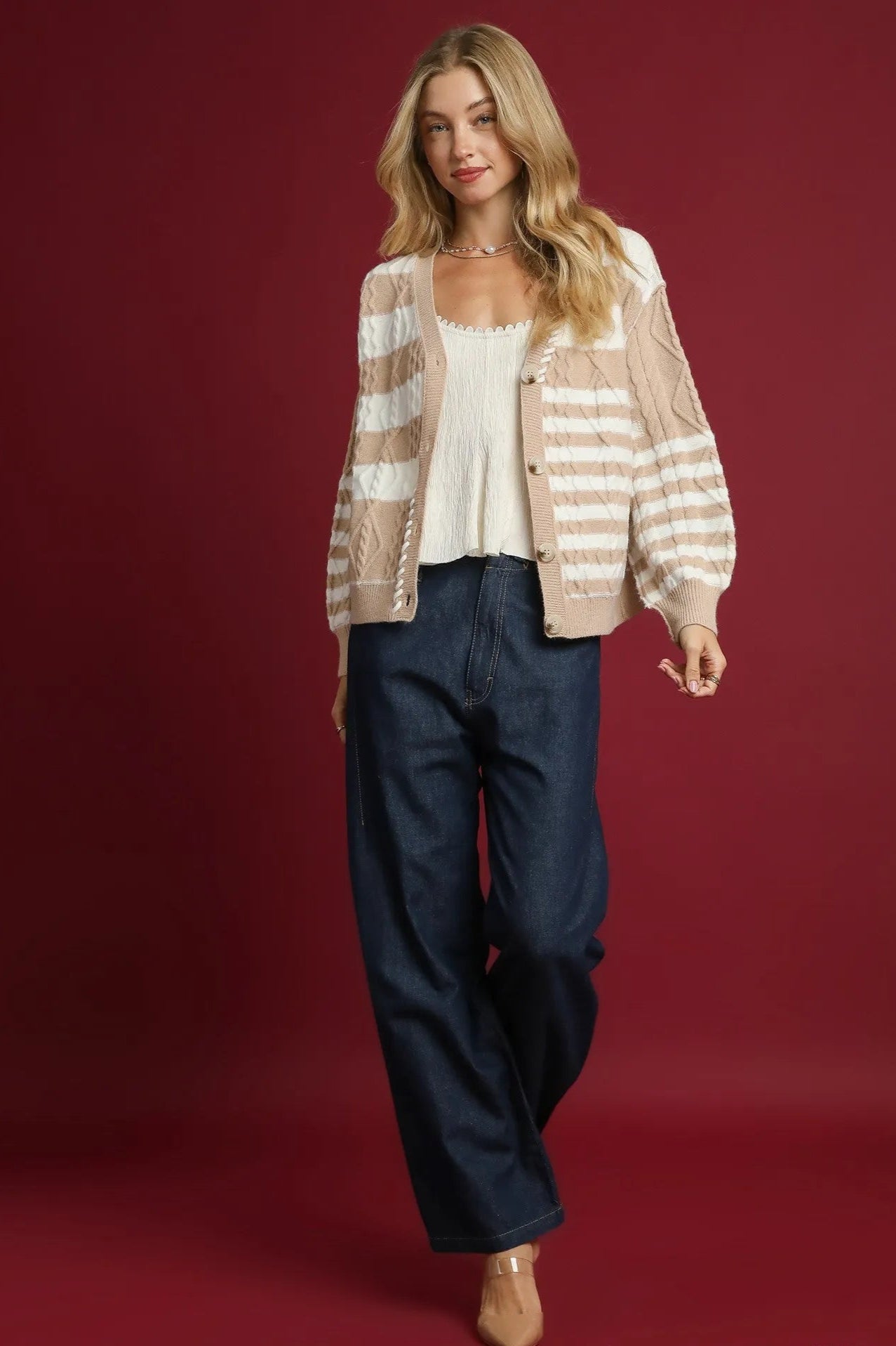 Sarah Express Women’s Stripe Cable-Knit Button-Up Cardigan Casual Fall Winter