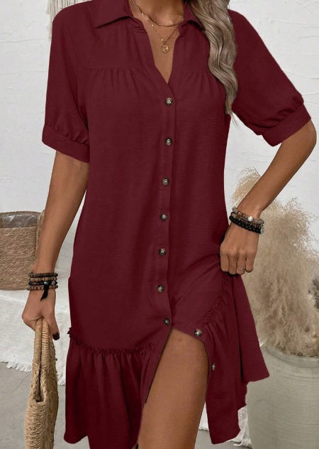 Women's Button-Up Shirt Dress Turn-Down Collar Ruffle Hem