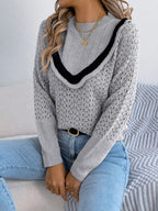 Sarah Express Women's Hollow-Out Knit Top with Contrast Trim