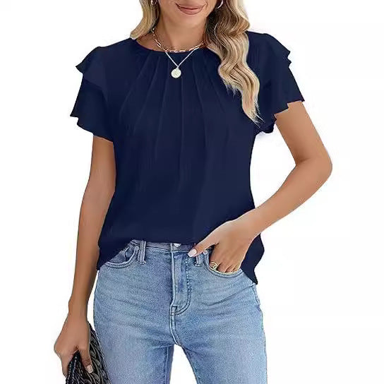 Women's Pleated Round Neck Blouse Short Sleeve Professional Work Top