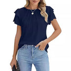 Women's Pleated Round Neck Blouse Short Sleeve Professional Work Top