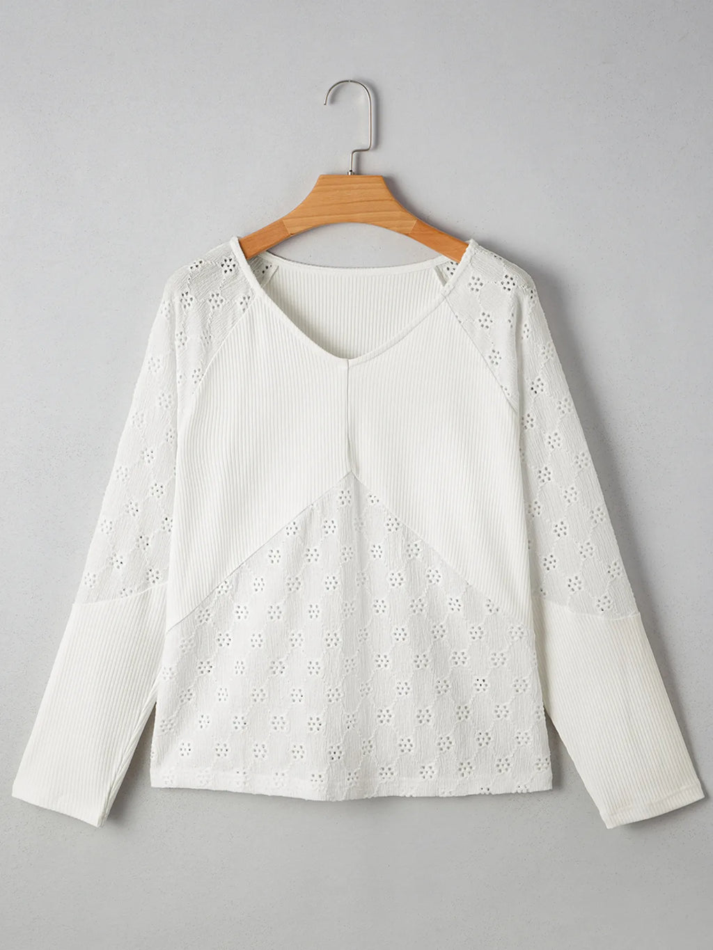 Sarah Express Women's Eyelet Embroidered Loose V Neck Long Sleeve Top