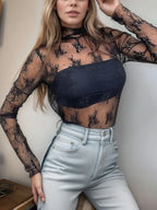 Sarah Express Women's Floral Mock Neck Long Sleeve Mesh Top