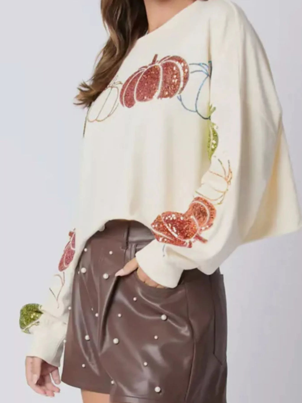 Sarah Express Women's Sequined Pumpkin Halloween Crop Sweatshirt